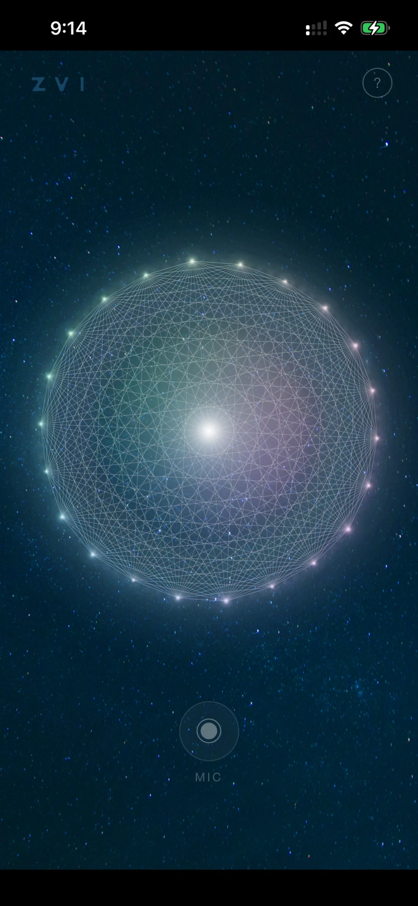 Inside the Z.V.I. mobile app: a luminous geometric mandala above the microphone control.